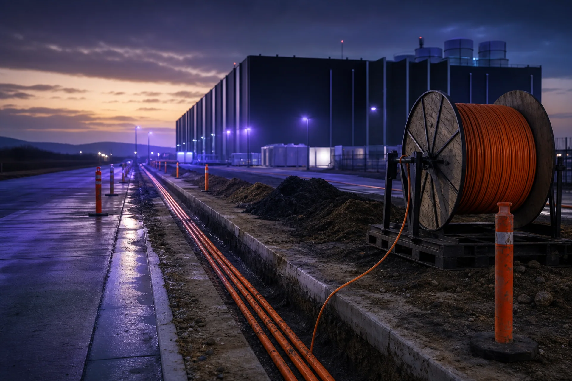 Illustrative render of fiber-optic cable installation at a data center site
